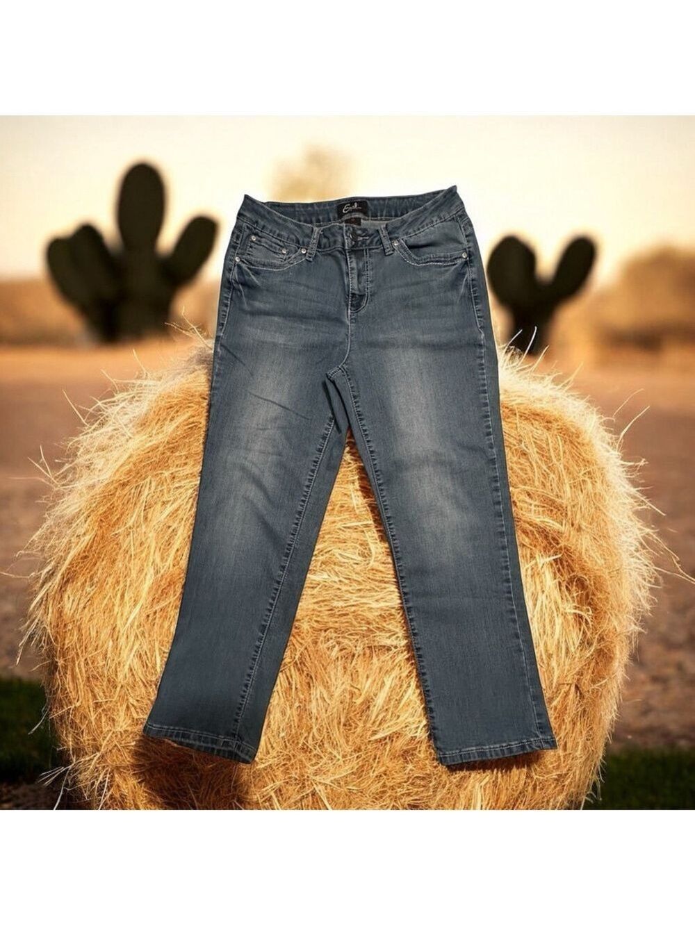 Earl Jeans Straight Leg Denim Crop Jeans Womens 12 Bling Pockets Embroidered